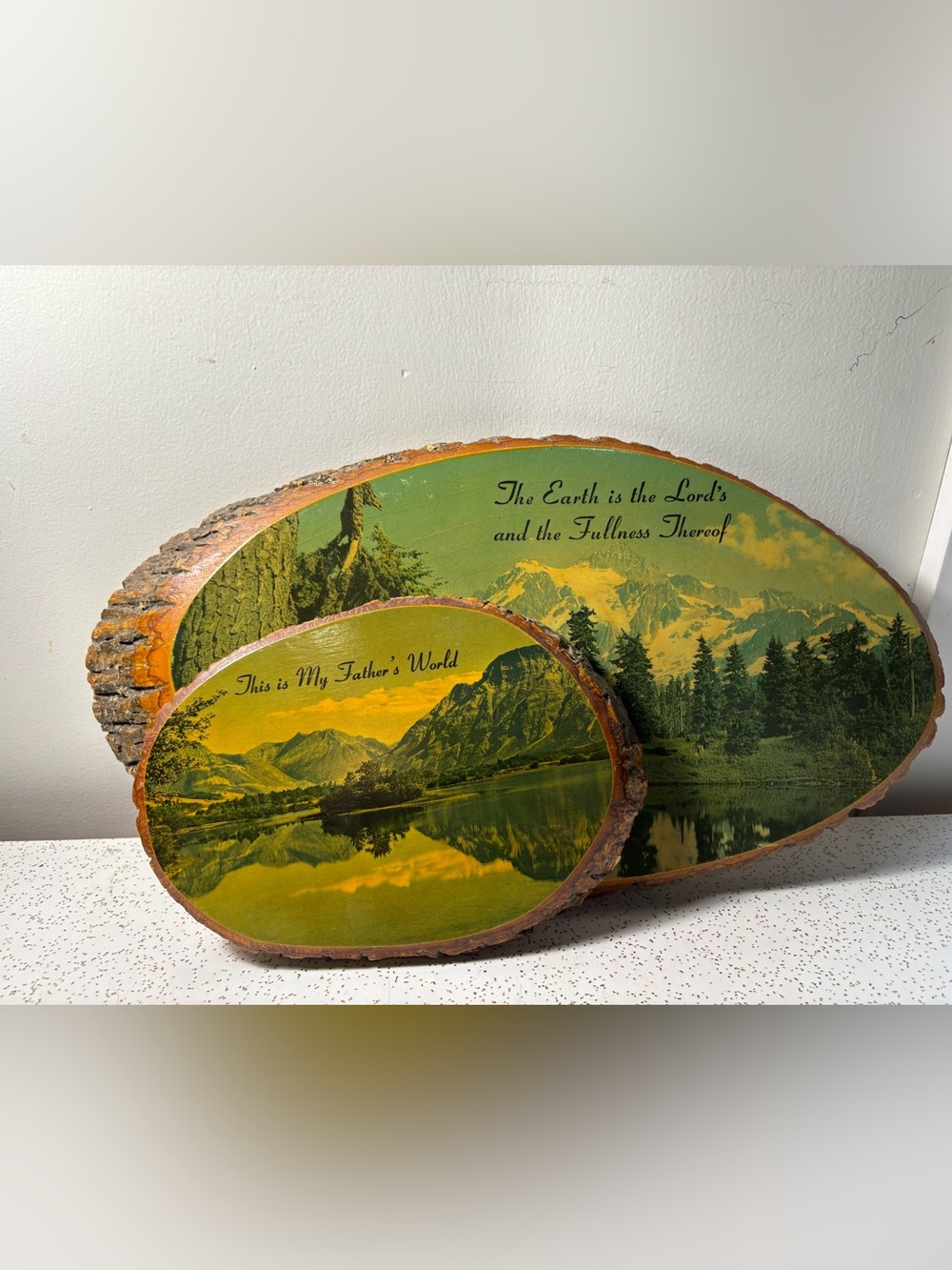 Pair of vintage 1950s slab wood religious art